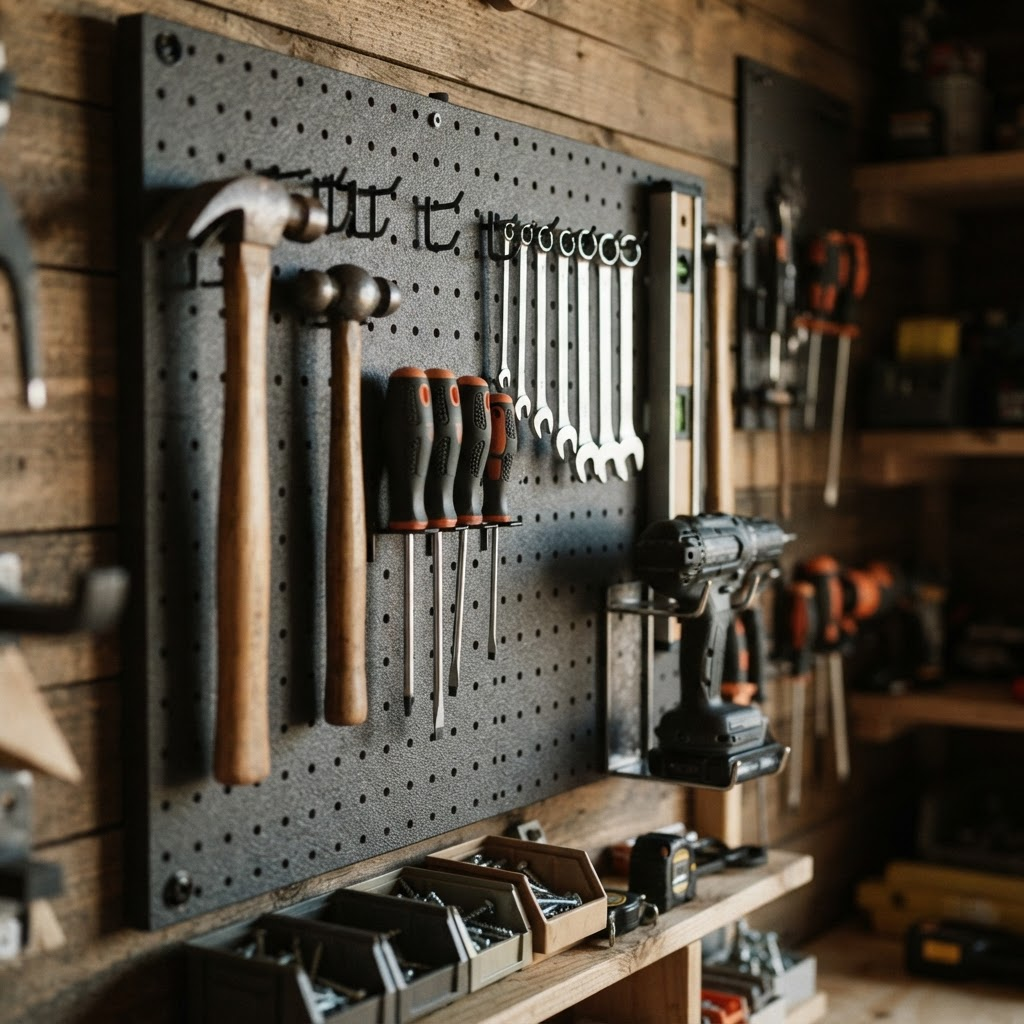 Neatly organized hand tools hanging on a workshop pegboard