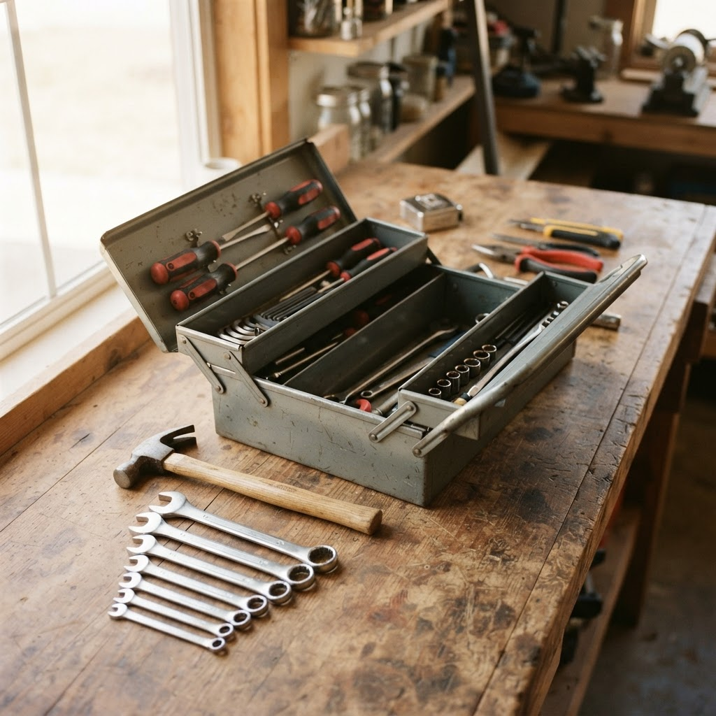 Organized handyman toolbox with wrenches, screwdrivers and tape measure on a wooden workbench