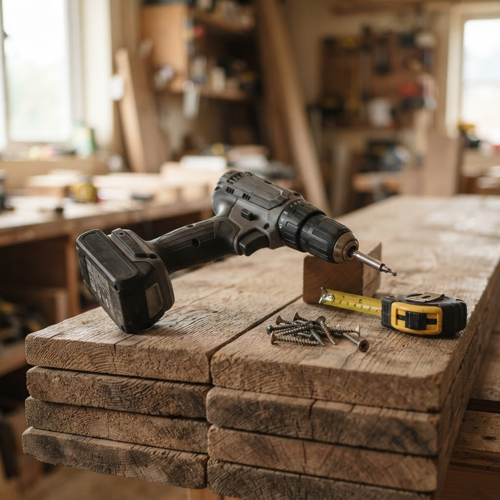 Cordless power drill resting on wood planks beside a folded tape measure